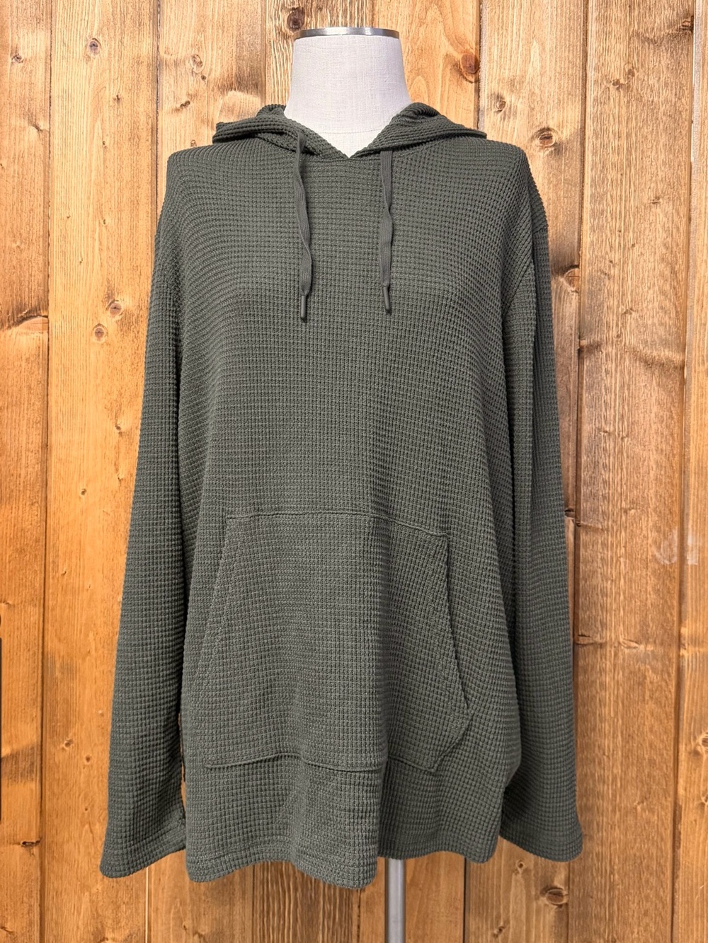 Rainforest XXL Olive Green Waffle Knit Long Sleeve Hooded Shirt Kangaroo Pocket - Picture 2 of 7